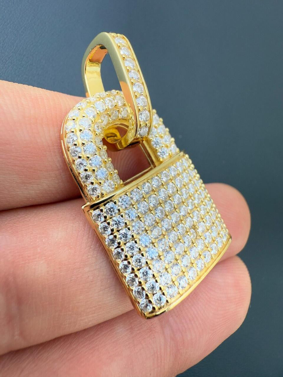 MOISSANITE Love Lock Padlock Pendant - 14k Yellow Gold Vermeil Or 925 Silver - Medium 1.5"