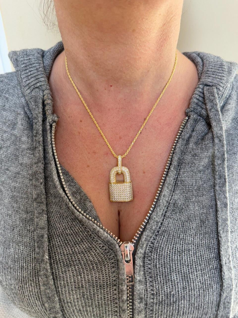 MOISSANITE Love Lock Padlock Pendant - 14k Yellow Gold Vermeil Or 925 Silver - Medium 1.5"