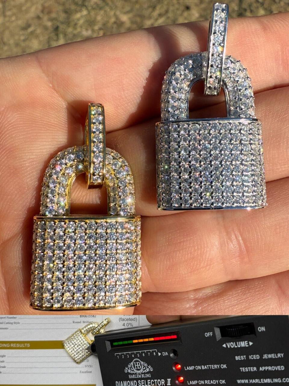 MOISSANITE Love Lock Padlock Pendant - 14k Yellow Gold Vermeil Or 925 Silver - Medium 1.5"