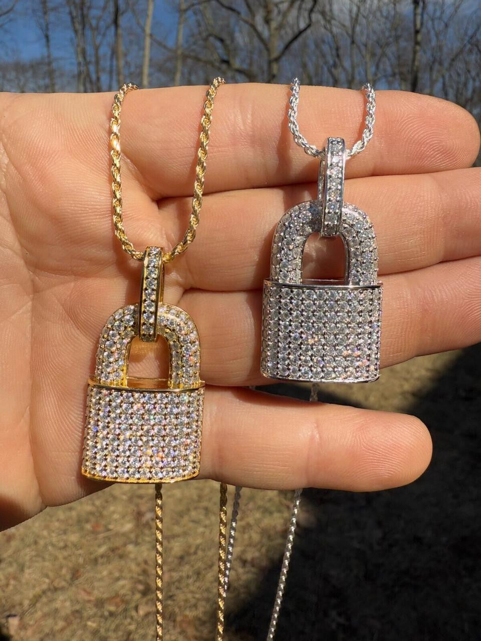 MOISSANITE Love Lock Padlock Pendant - 14k Yellow Gold Vermeil Or 925 Silver - Medium 1.5"
