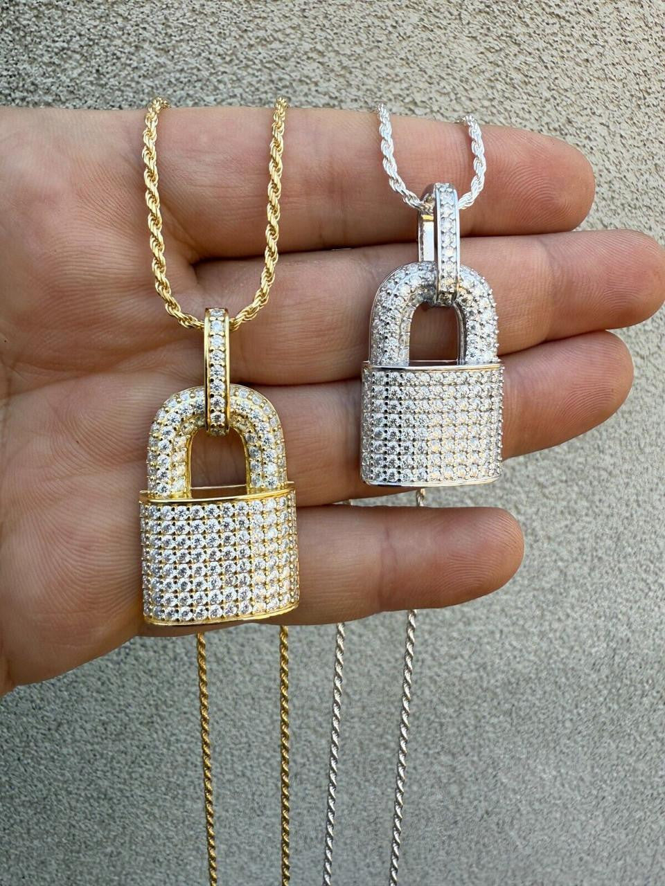MOISSANITE Love Lock Padlock Pendant - 14k Yellow Gold Vermeil Or 925 Silver - Medium 1.5"