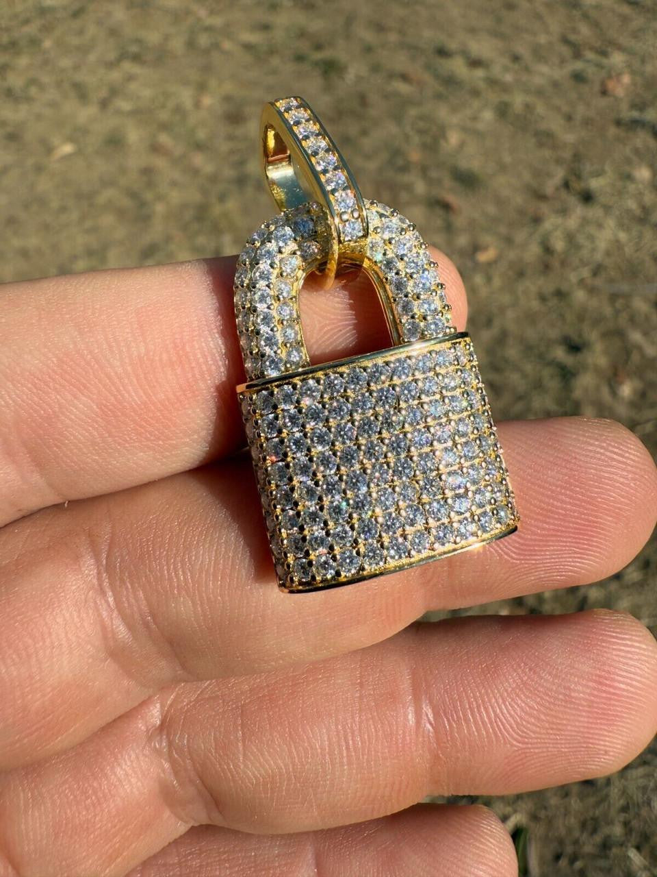 MOISSANITE Love Lock Padlock Pendant - 14k Yellow Gold Vermeil Or 925 Silver - Medium 1.5"