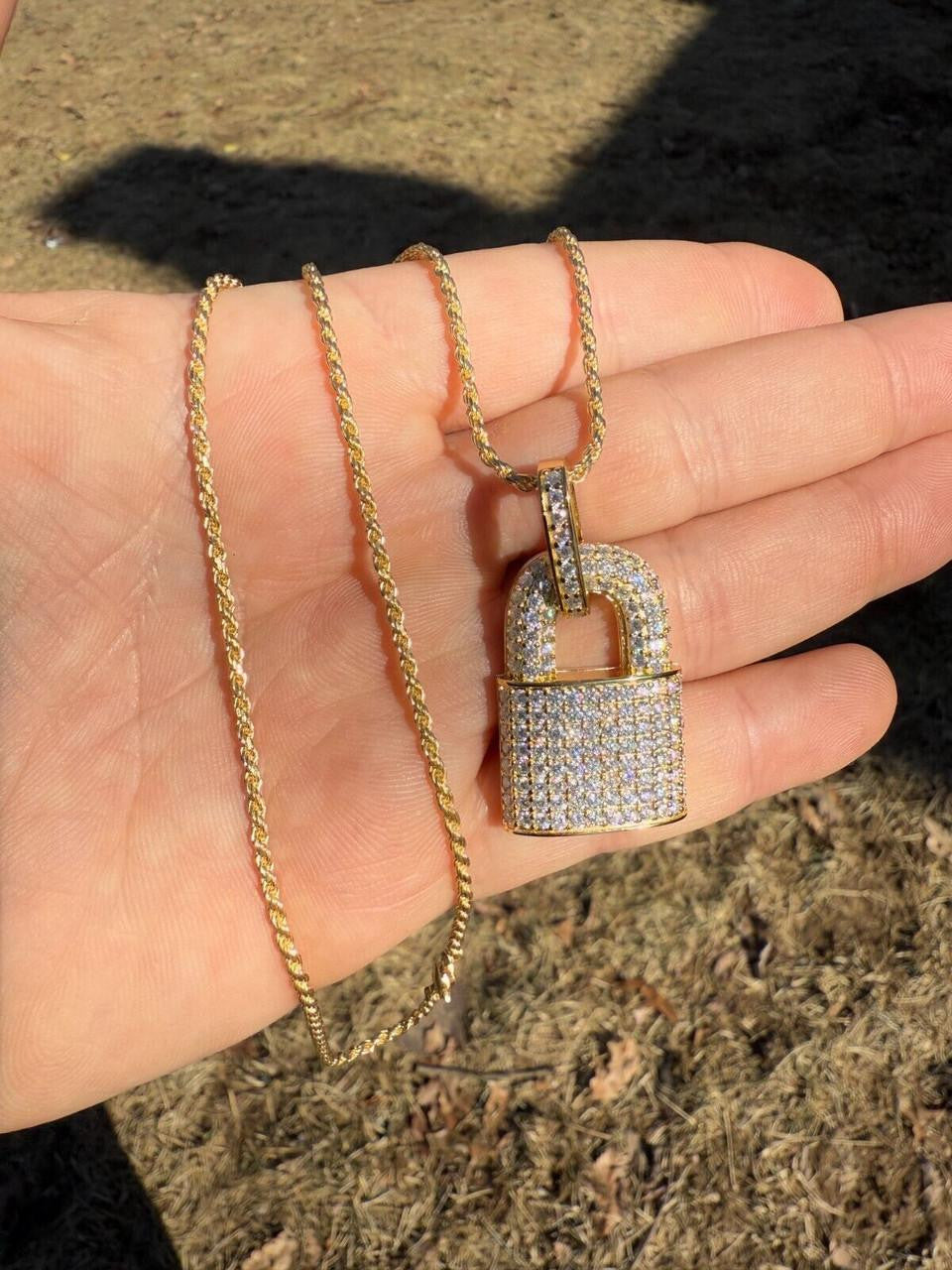 MOISSANITE Love Lock Padlock Pendant - 14k Yellow Gold Vermeil Or 925 Silver - Medium 1.5"