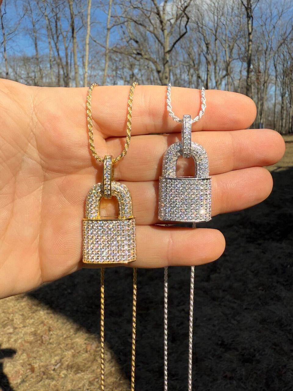 MOISSANITE Love Lock Padlock Pendant - 14k Yellow Gold Vermeil Or 925 Silver - Medium 1.5"
