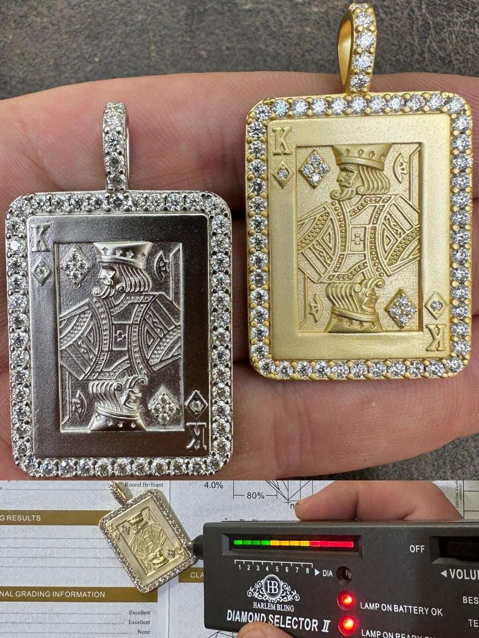 MOISSANITE Lucky King Of Diamonds Pendant - 14k Gold Vermeil Or 925 Silver - Medium 2"