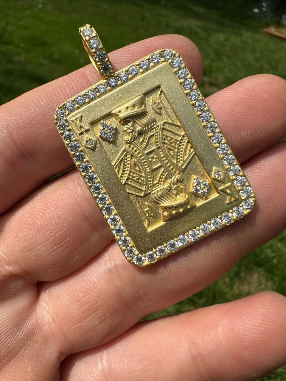 MOISSANITE Lucky King Of Diamonds Pendant - 14k Gold Vermeil Or 925 Silver - Medium 2"