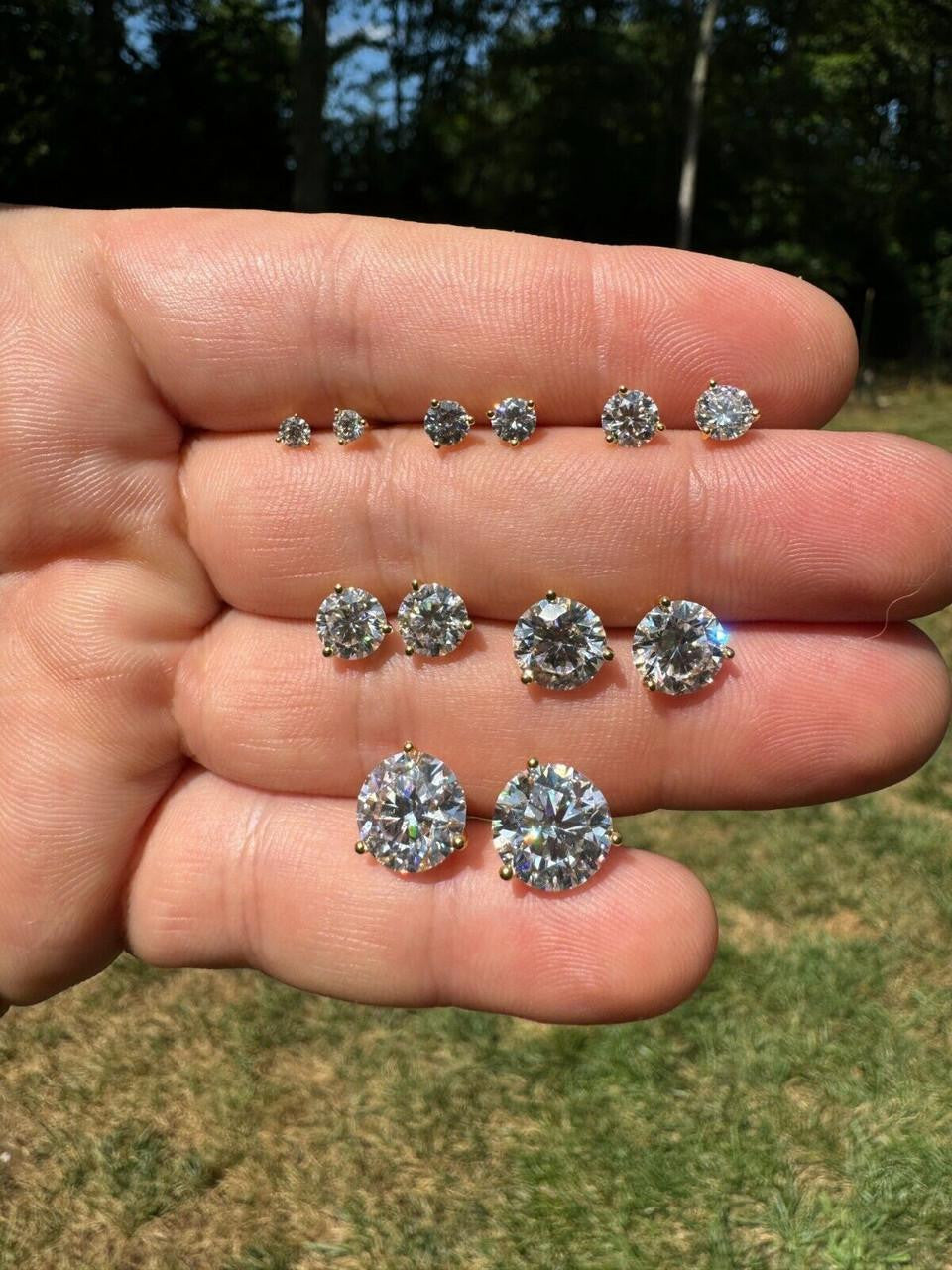 MOISSANITE Martini 3-Prong Solitaire Pushback Stud Earrings - 14k Gold Vermeil 925 Silver - 3mm-10mm - 0.2-8ct