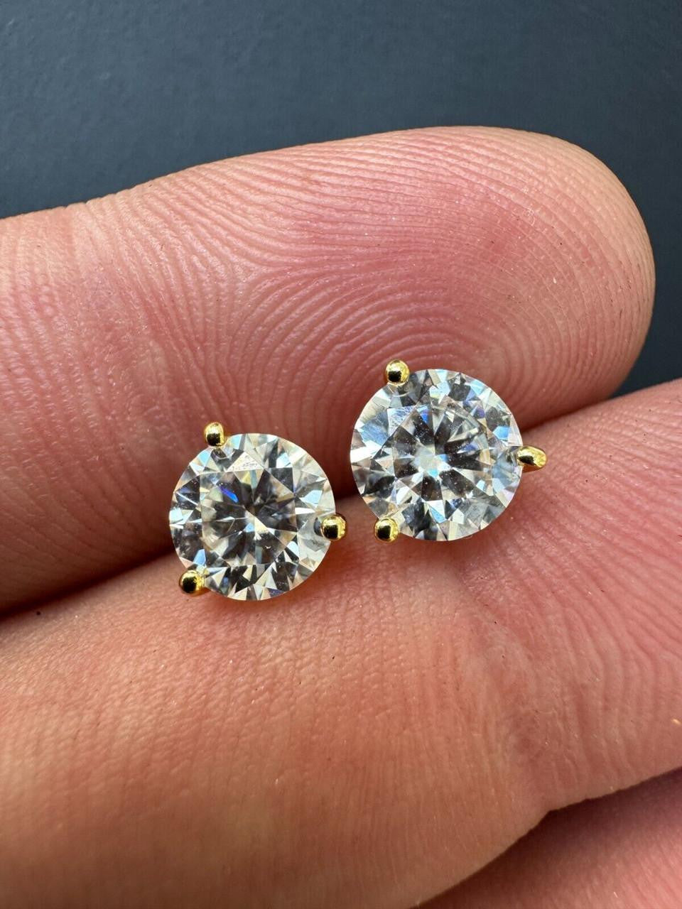 MOISSANITE Martini 3-Prong Solitaire Pushback Stud Earrings - 14k Gold Vermeil 925 Silver - 3mm-10mm - 0.2-8ct