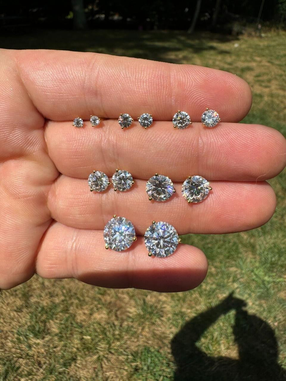 MOISSANITE Martini 3-Prong Solitaire Stud Earrings - 14k Gold Vermeil 925 Silver - 3mm-10mm - 0.2-8ct