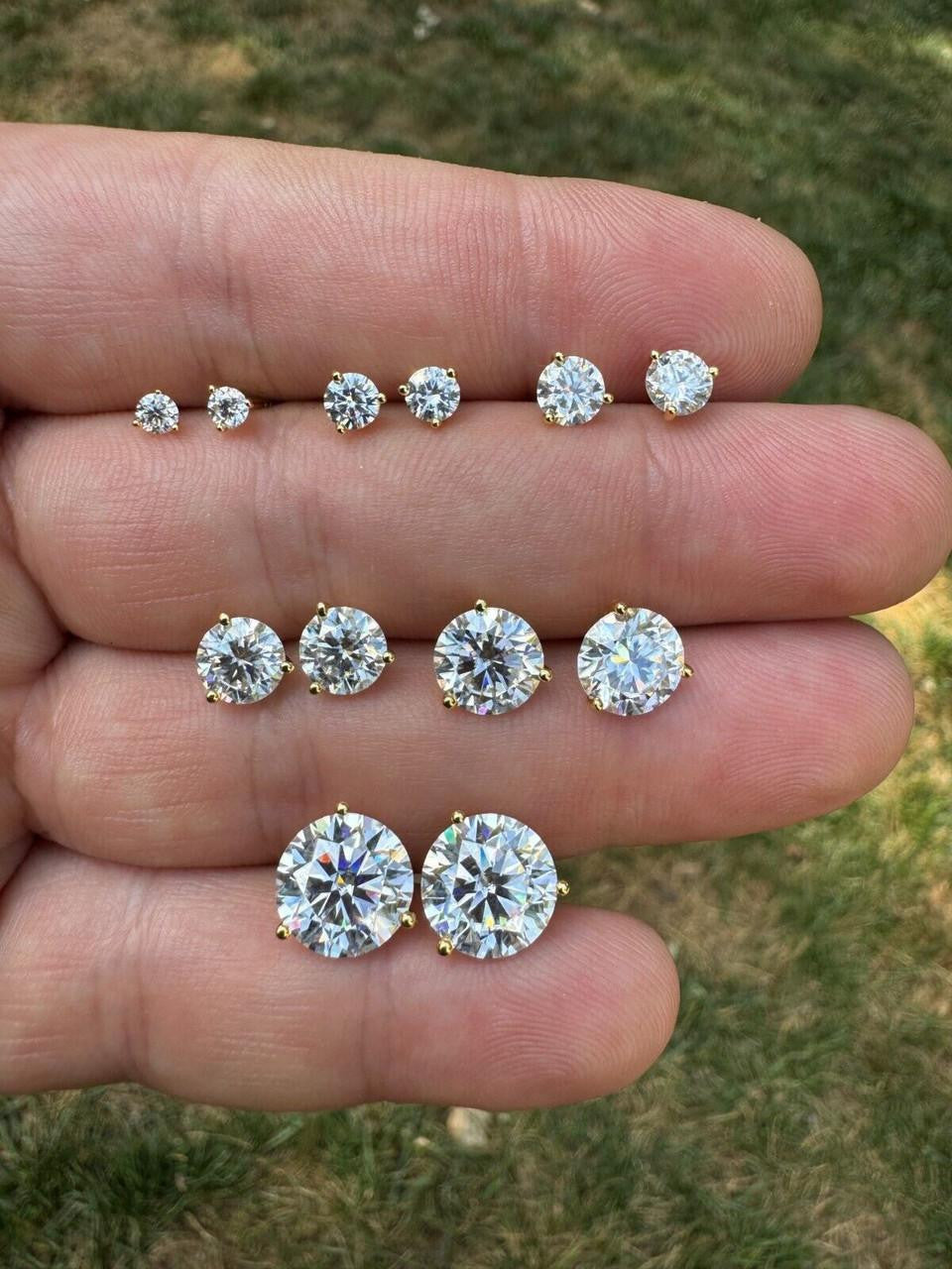 MOISSANITE Martini 3-Prong Solitaire Stud Earrings - 14k Gold Vermeil 925 Silver - 3mm-10mm - 0.2-8ct