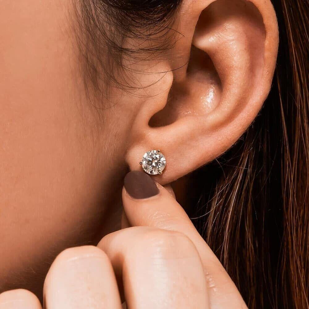 MOISSANITE Martini 3-Prong Solitaire Stud Earrings - 14k Gold Vermeil 925 Silver - 3mm-10mm - 0.2-8ct