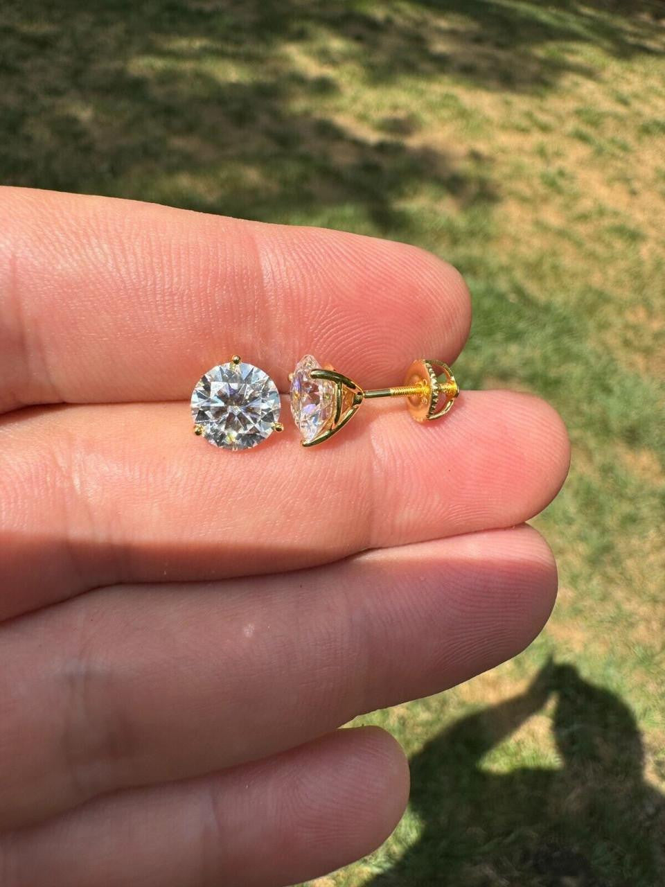 MOISSANITE Martini 3-Prong Solitaire Stud Earrings - 14k Gold Vermeil 925 Silver - 3mm-10mm - 0.2-8ct