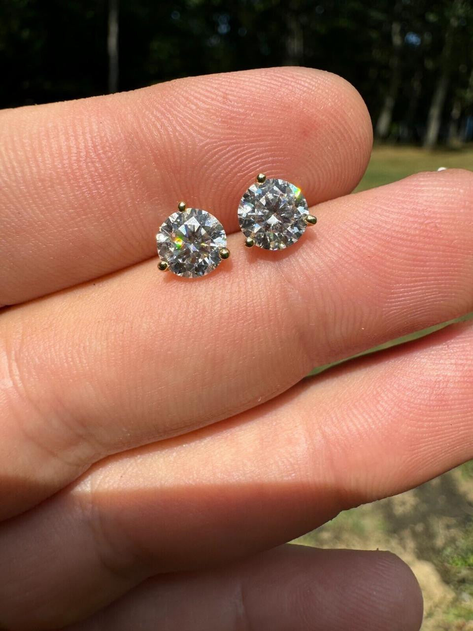 MOISSANITE Martini 3-Prong Solitaire Stud Earrings - 14k Gold Vermeil 925 Silver - 3mm-10mm - 0.2-8ct