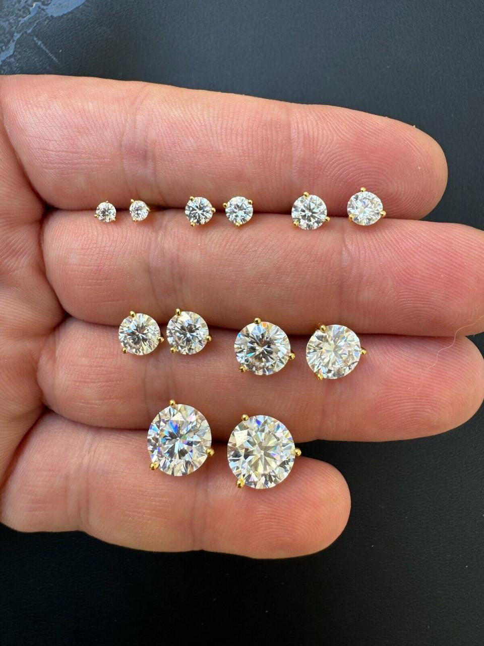 MOISSANITE Martini 3-Prong Solitaire Stud Earrings - 14k Gold Vermeil 925 Silver - 3mm-10mm - 0.2-8ct