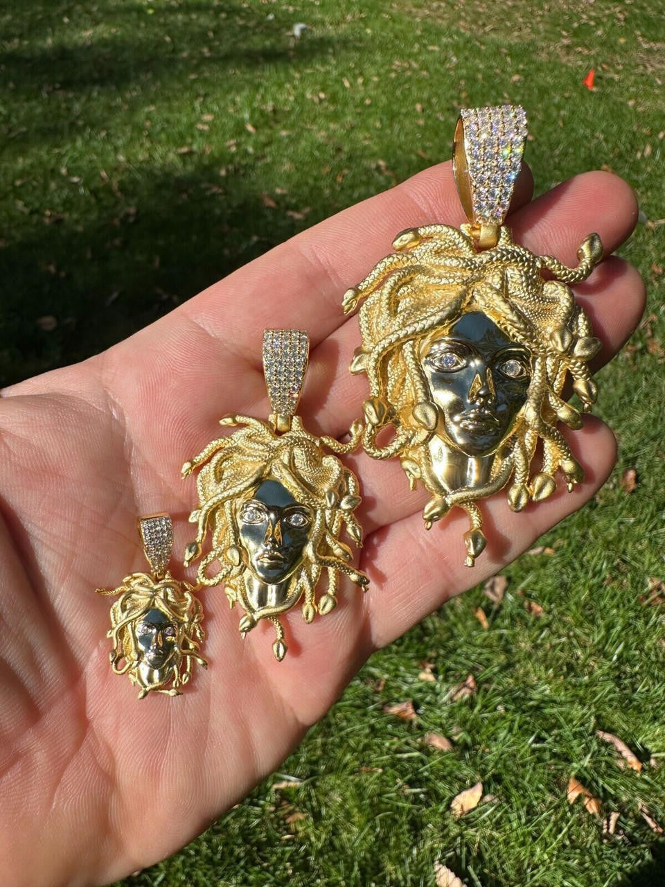 MOISSANITE Medusa Head Pendant - 14k Gold Vermeil 925 Silver - 3 Sizes 0.75"-2.5"