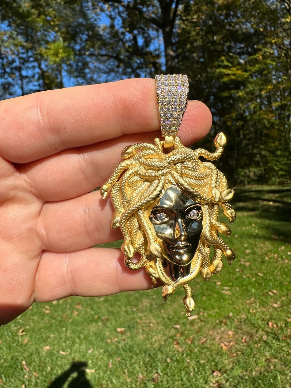 MOISSANITE Medusa Head Pendant - 14k Gold Vermeil 925 Silver - 3 Sizes 0.75"-2.5"