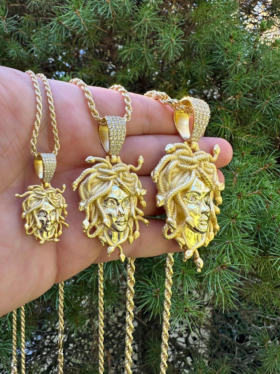 MOISSANITE Medusa Head Pendant - 14k Gold Vermeil 925 Silver - 3 Sizes 0.75"-2.5"