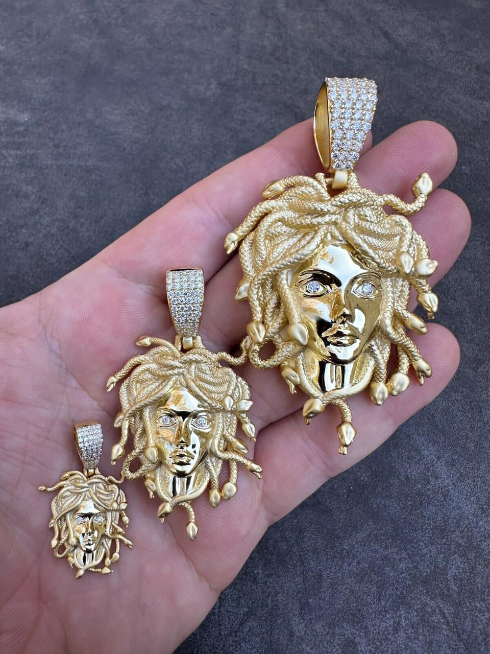MOISSANITE Medusa Head Pendant - 14k Gold Vermeil 925 Silver - 3 Sizes 0.75"-2.5"