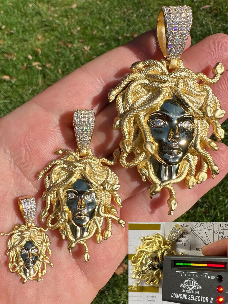 MOISSANITE Medusa Head Pendant - 14k Gold Vermeil 925 Silver - 3 Sizes 0.75"-2.5"