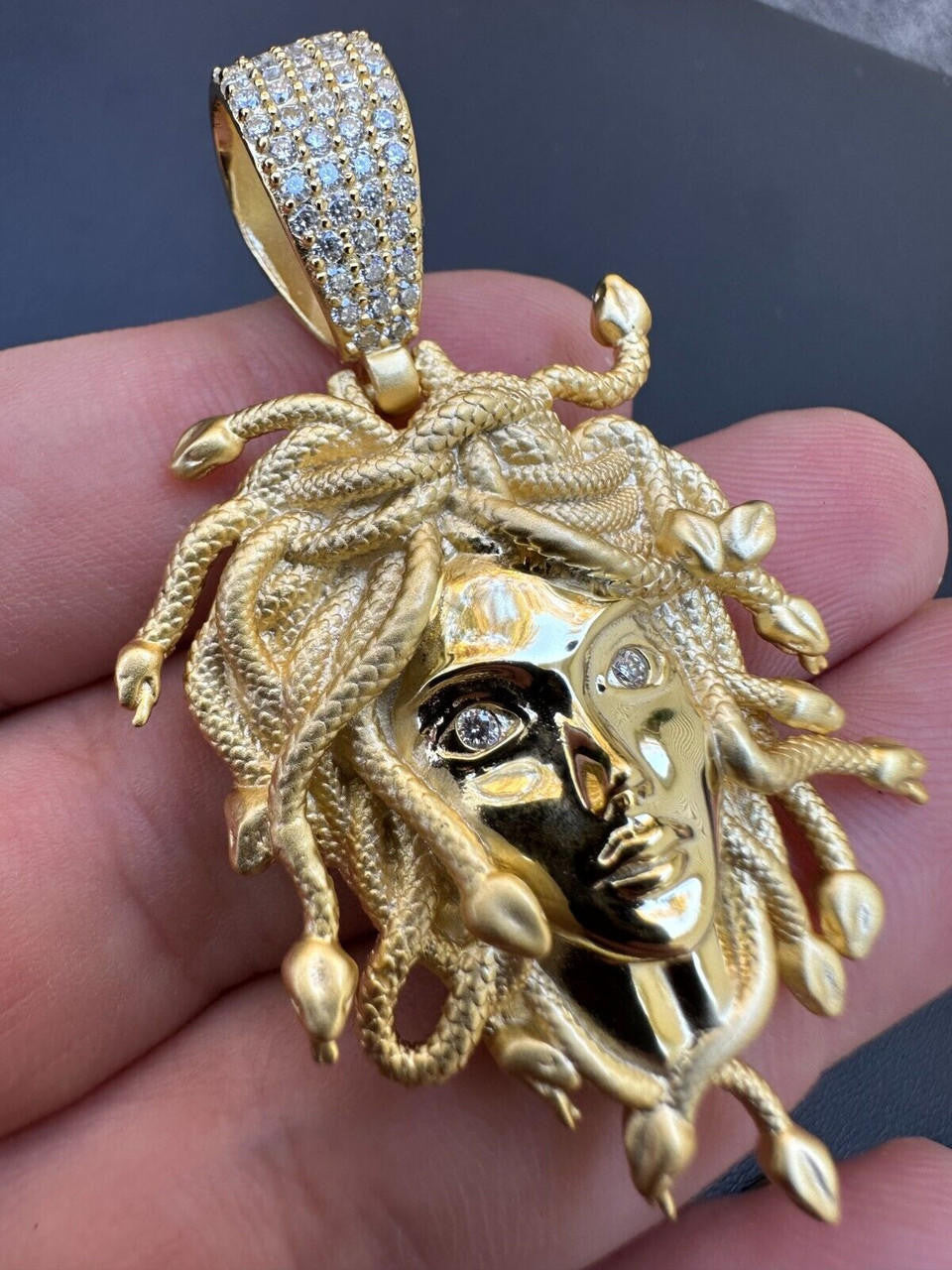 MOISSANITE Medusa Head Pendant - 14k Gold Vermeil 925 Silver - 3 Sizes 0.75"-2.5"
