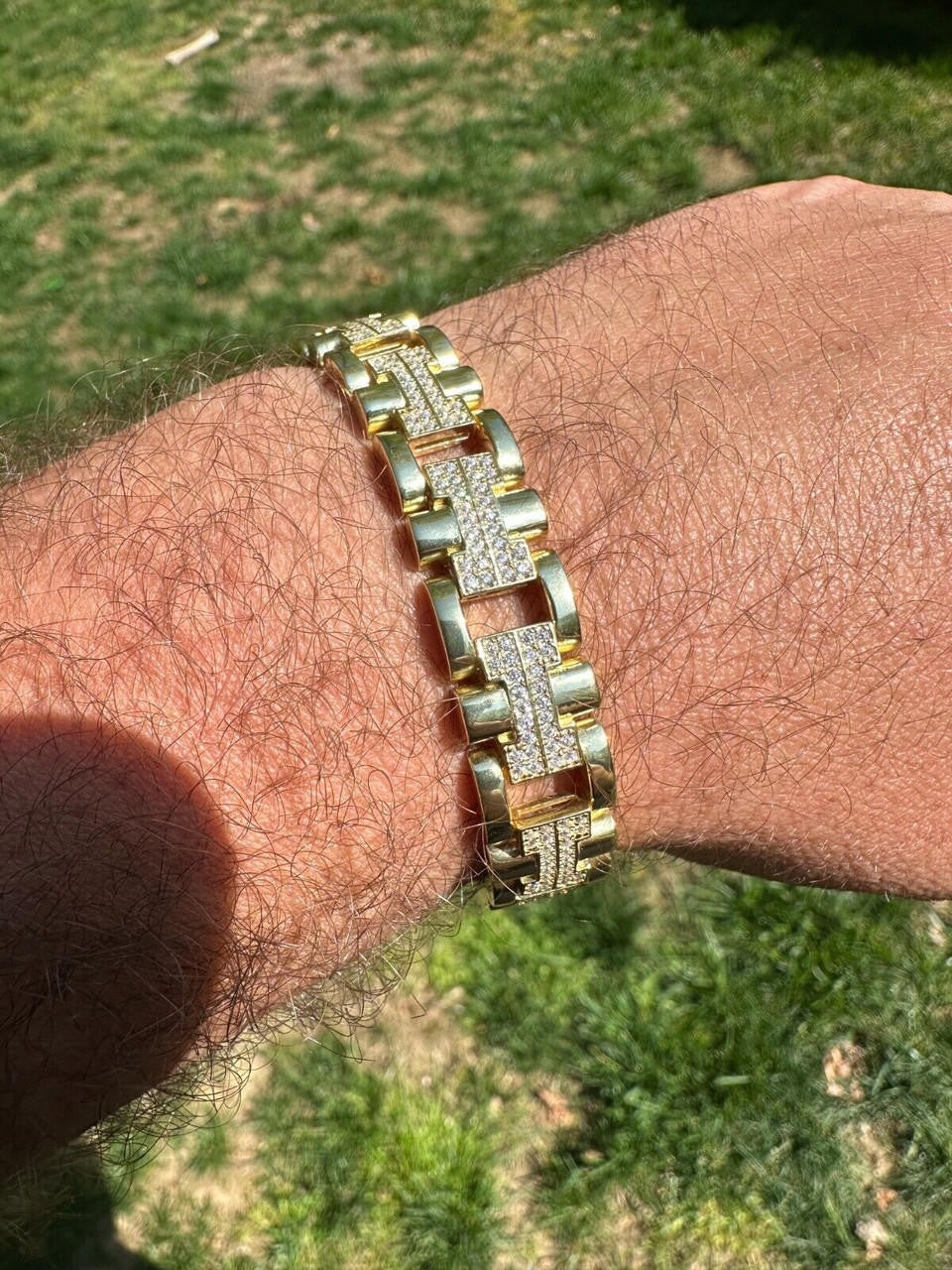 MOISSANITE Custom Hermes Presidential Link Bracelet Iced Out - 14k Gold Vermeil 925 Silver - 12mm - 7.5"-8.5"