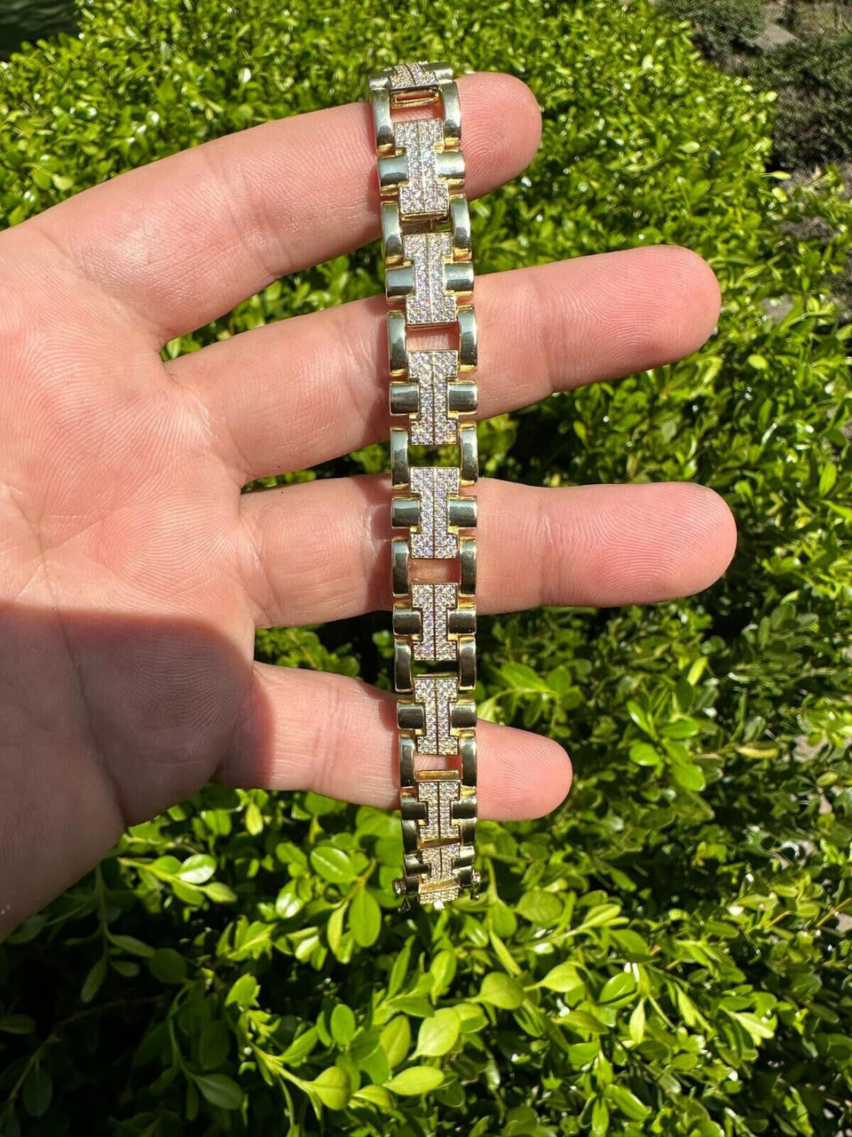 MOISSANITE Custom Hermes Presidential Link Bracelet Iced Out - 14k Gold Vermeil 925 Silver - 12mm - 7.5"-8.5"