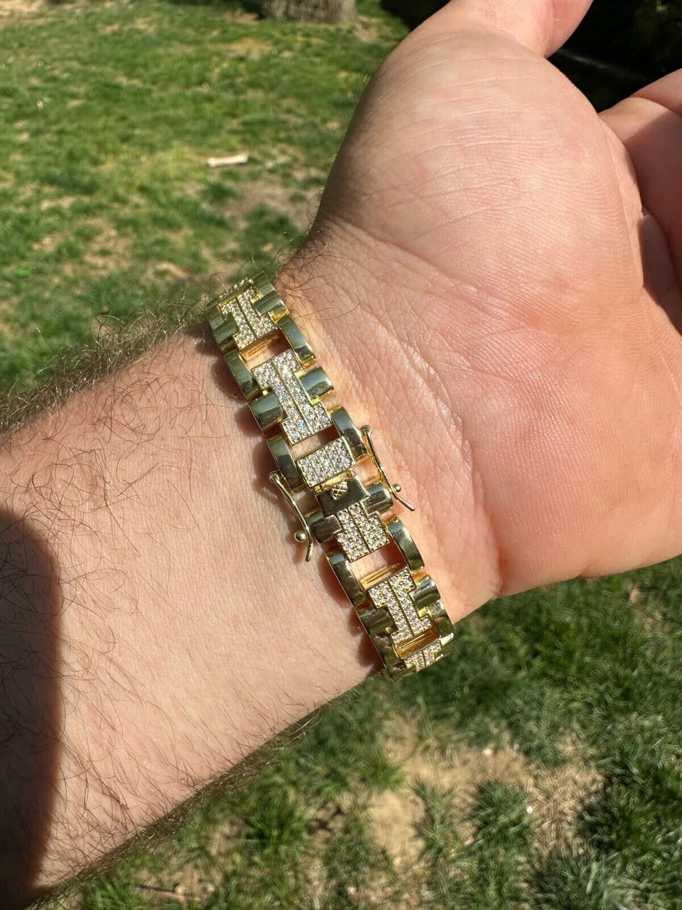 MOISSANITE Custom Hermes Presidential Link Bracelet Iced Out - 14k Gold Vermeil 925 Silver - 12mm - 7.5"-8.5"