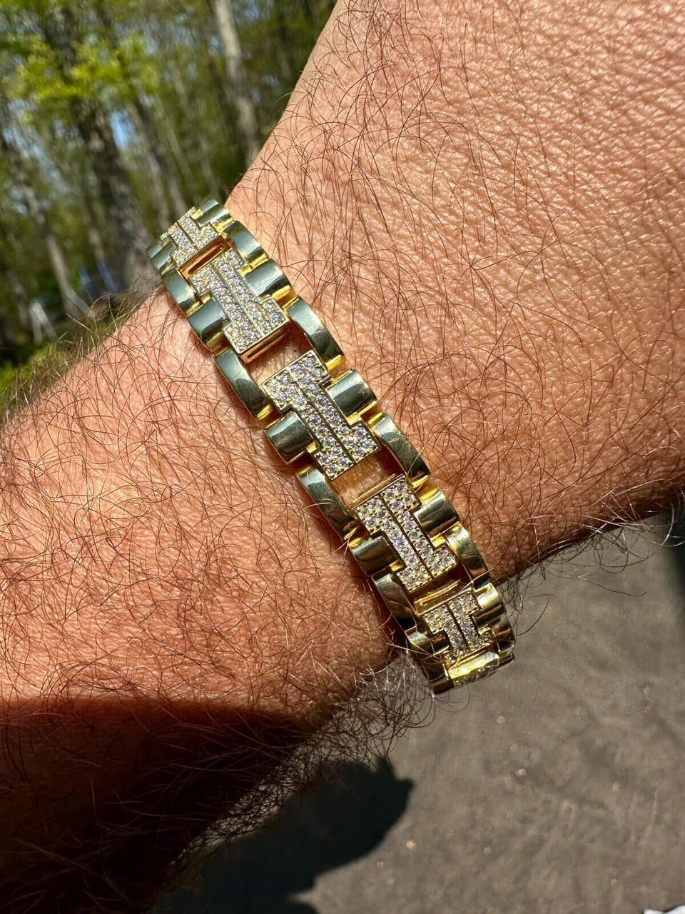 MOISSANITE Custom Hermes Presidential Link Bracelet Iced Out - 14k Gold Vermeil 925 Silver - 12mm - 7.5"-8.5"