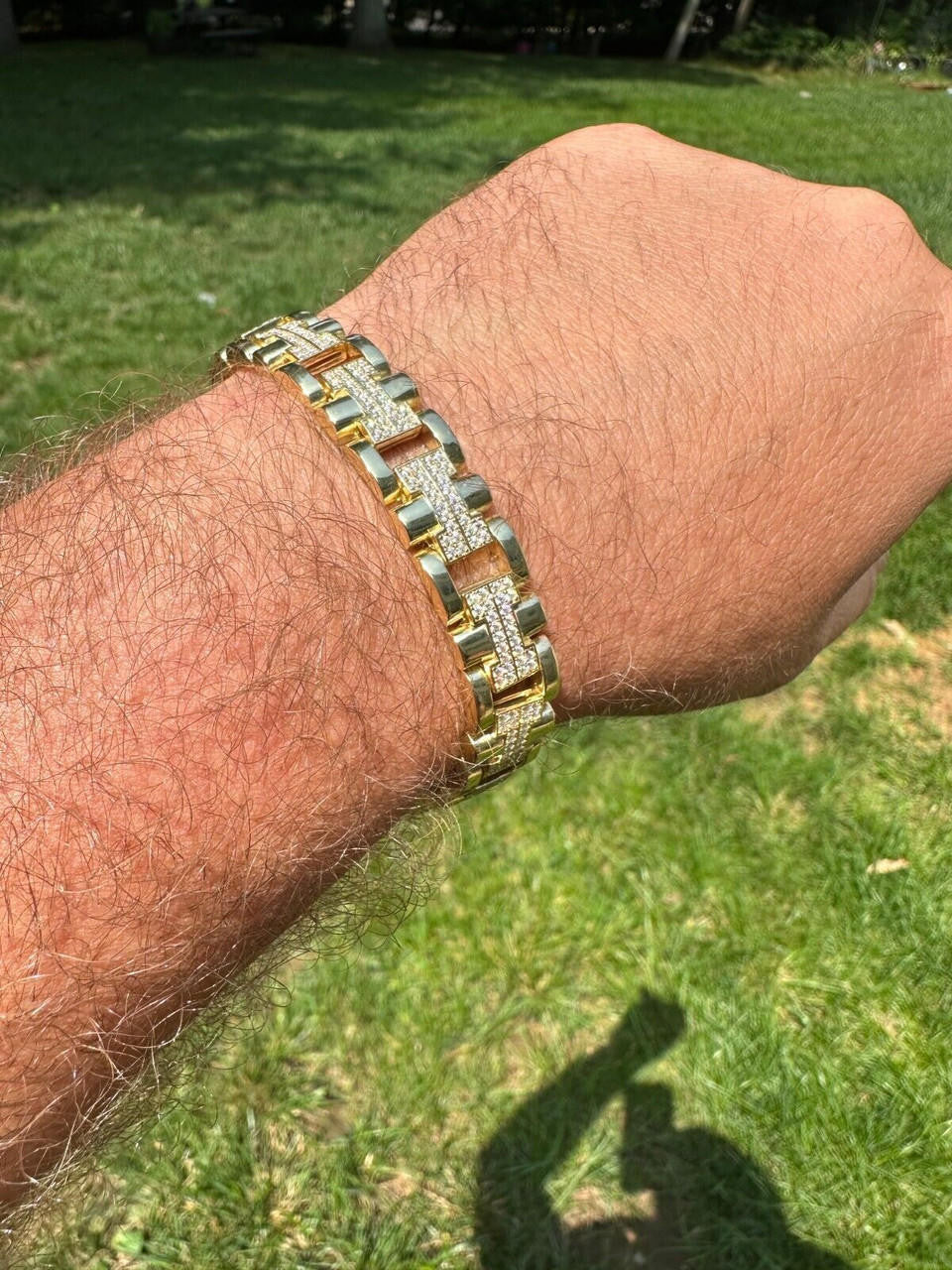 MOISSANITE Custom Hermes Presidential Link Bracelet Iced Out - 14k Gold Vermeil 925 Silver - 12mm - 7.5"-8.5"