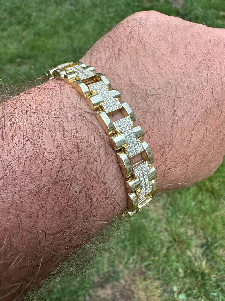 MOISSANITE Custom Hermes Presidential Link Bracelet Iced Out - 14k Gold Vermeil 925 Silver - 12mm - 7.5"-8.5"