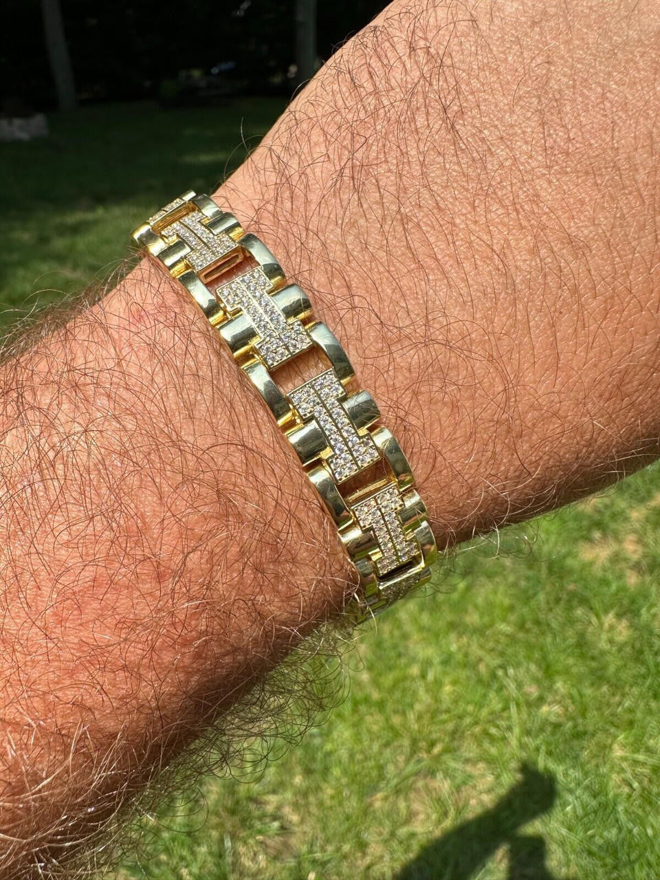 MOISSANITE Custom Hermes Presidential Link Bracelet Iced Out - 14k Gold Vermeil 925 Silver - 12mm - 7.5"-8.5"