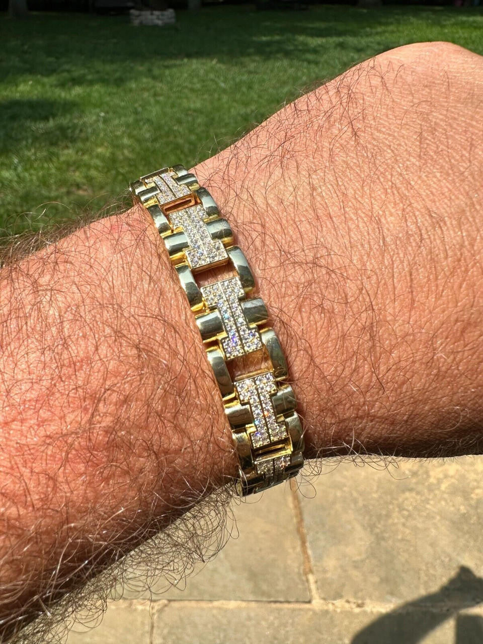 MOISSANITE Custom Hermes Presidential Link Bracelet Iced Out - 14k Gold Vermeil 925 Silver - 12mm - 7.5"-8.5"