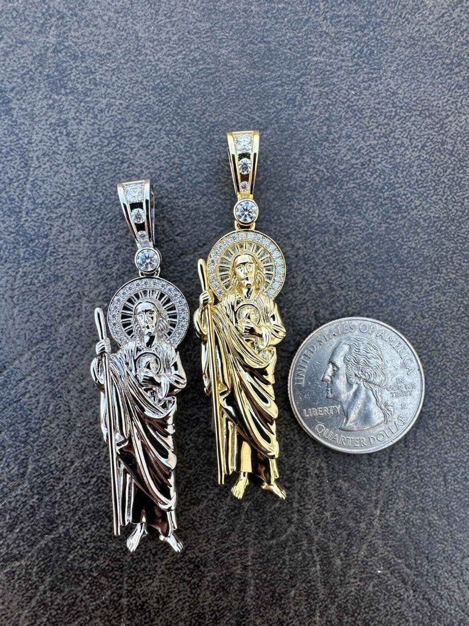 MOISSANITE St Jude Tadeo Iced Pendant - 14k Gold Vermeil Or 925 Silver - Large 2.5"