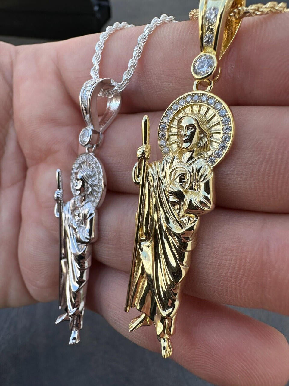 MOISSANITE St Jude Tadeo Iced Pendant - 14k Gold Vermeil Or 925 Silver - Large 2.5"