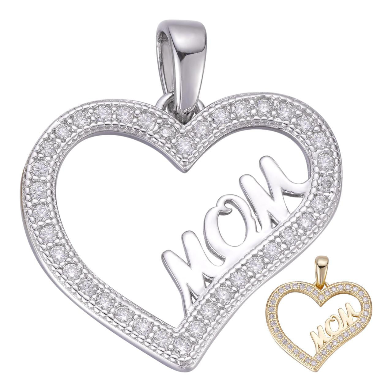 MOISSANITE Mom Heart Shape Love Mothers Day Pendant - 14k Gold Vermeil or 925 Silver - Tiny 0.75"
