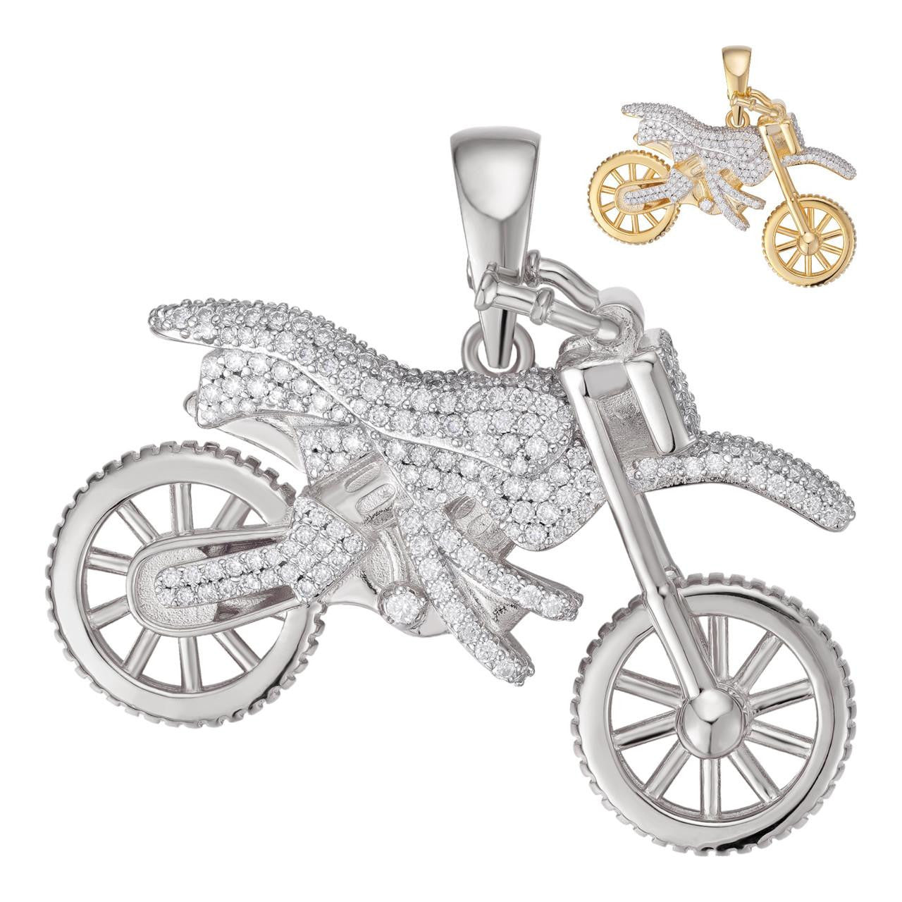 MOISSANITE Motorcycle Dirt Bike Pendant - 14k Gold Vermeil or 925 Silver - Medium 2"