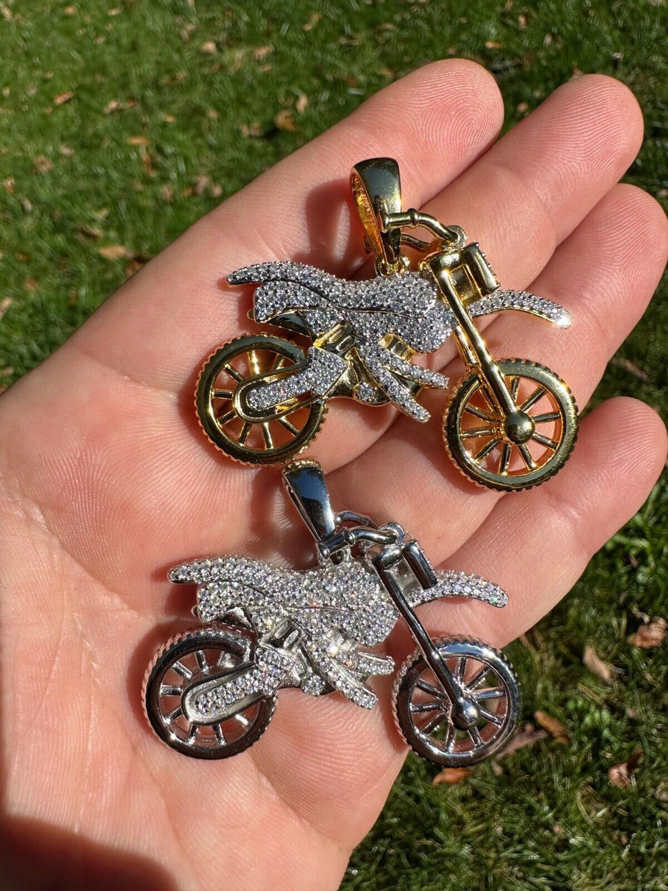 MOISSANITE Motorcycle Dirt Bike Pendant - 14k Gold Vermeil or 925 Silver - Medium 2"
