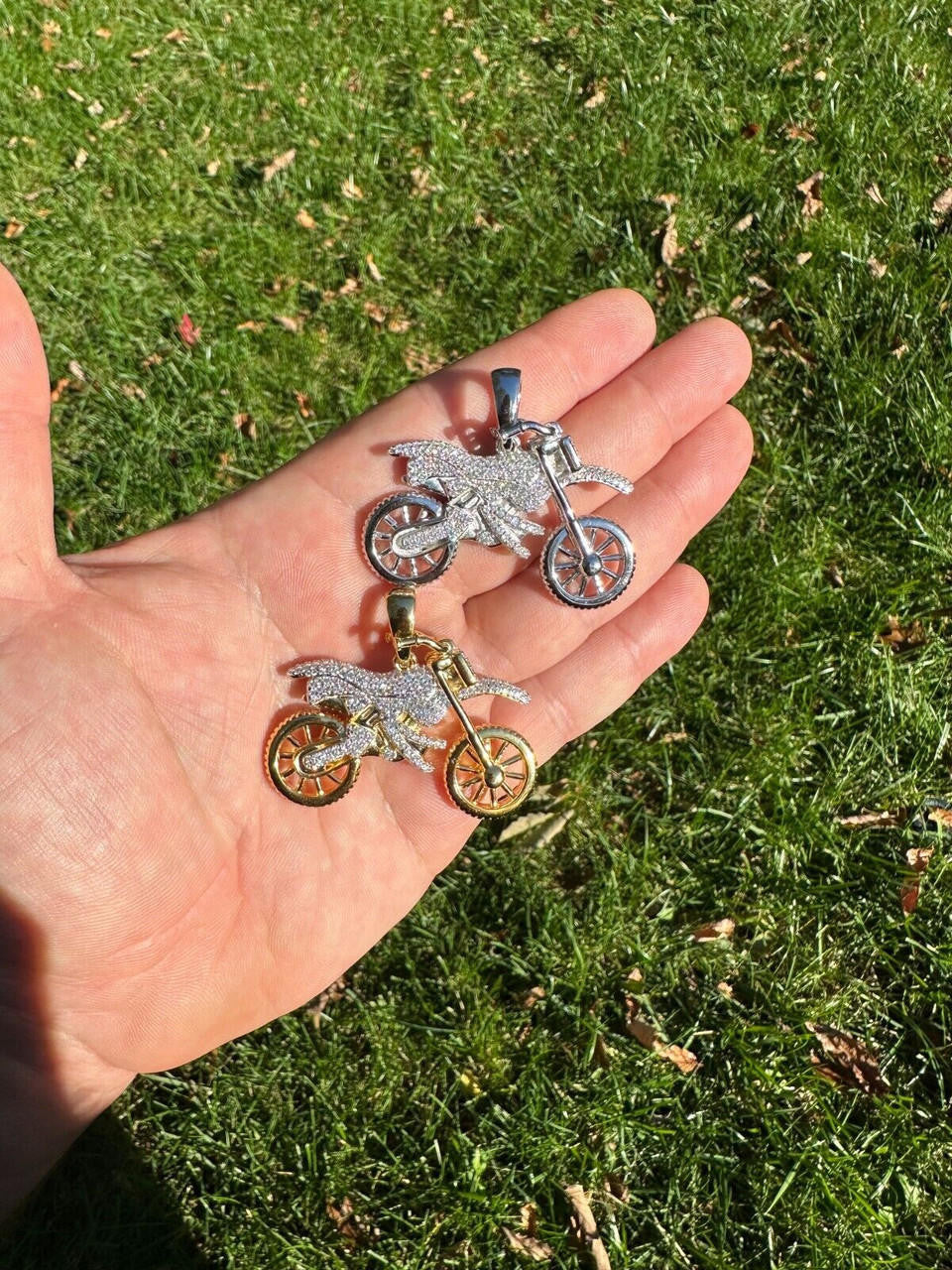 MOISSANITE Motorcycle Dirt Bike Pendant - 14k Gold Vermeil or 925 Silver - Medium 2"