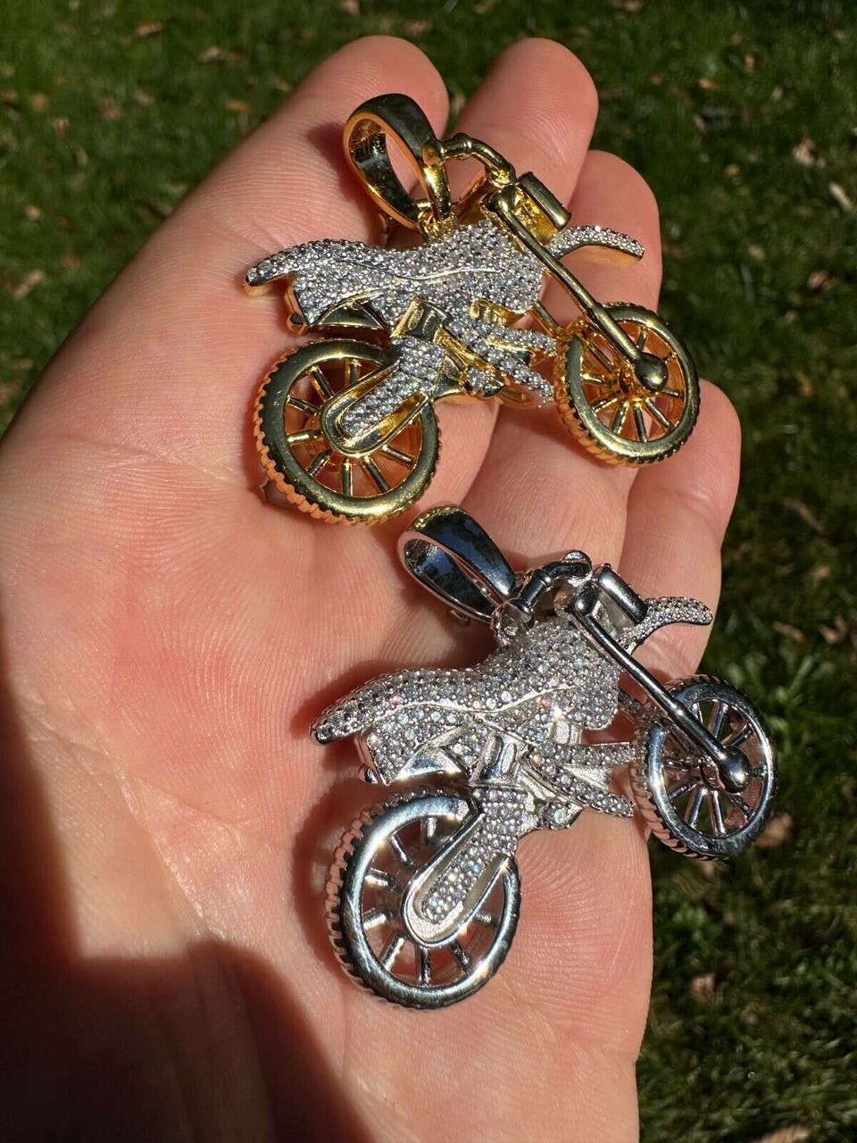 MOISSANITE Motorcycle Dirt Bike Pendant - 14k Gold Vermeil or 925 Silver - Medium 2"