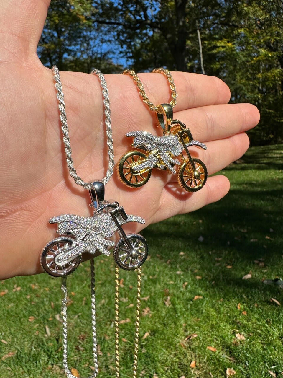 MOISSANITE Motorcycle Dirt Bike Pendant - 14k Gold Vermeil or 925 Silver - Medium 2"
