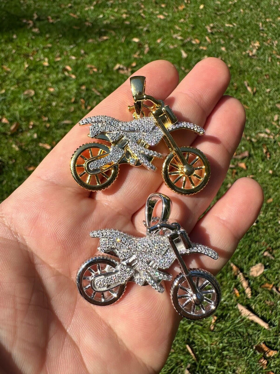 MOISSANITE Motorcycle Dirt Bike Pendant - 14k Gold Vermeil or 925 Silver - Medium 2"