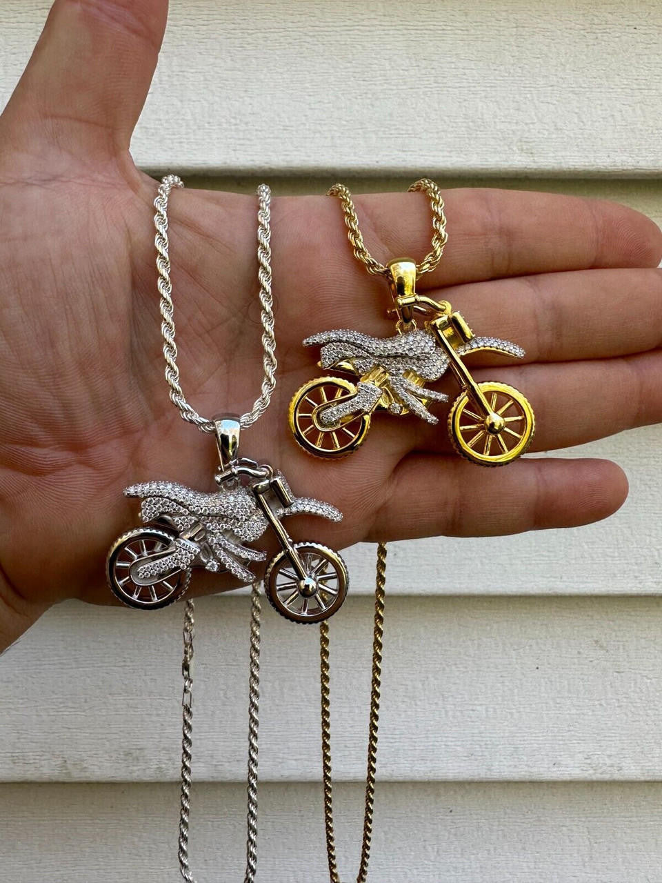 MOISSANITE Motorcycle Dirt Bike Pendant - 14k Gold Vermeil or 925 Silver - Medium 2"