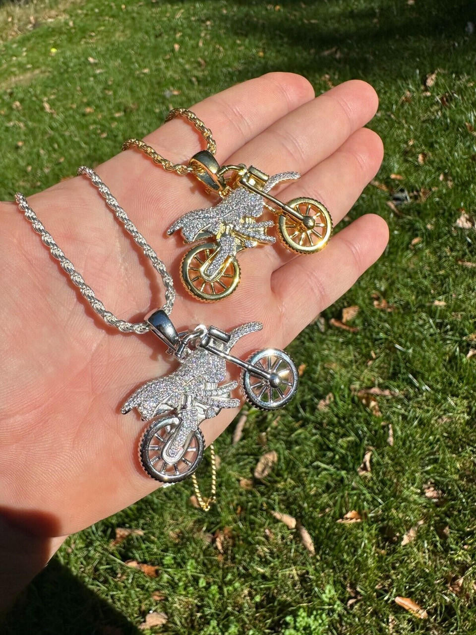 MOISSANITE Motorcycle Dirt Bike Pendant - 14k Gold Vermeil or 925 Silver - Medium 2"
