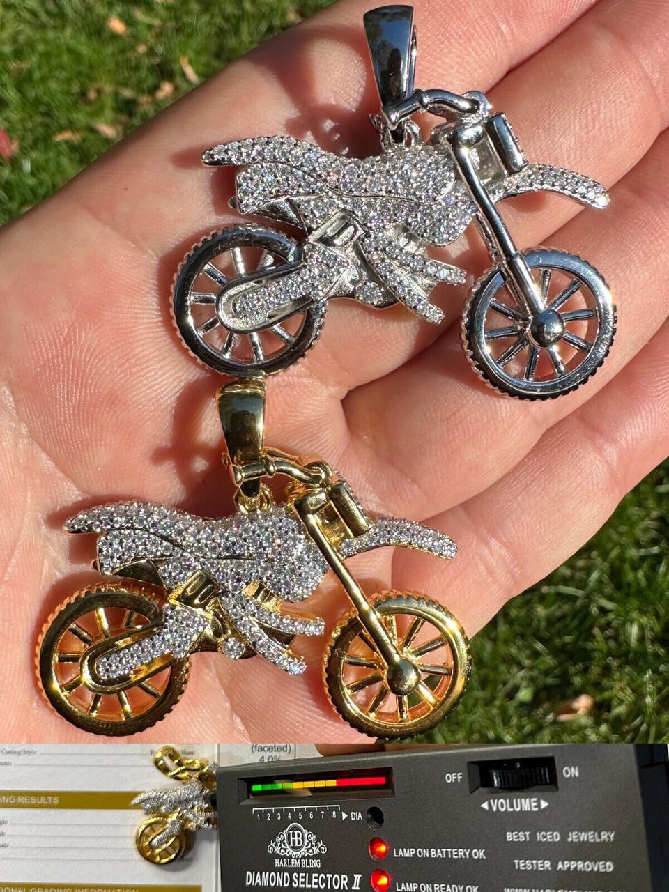 MOISSANITE Motorcycle Dirt Bike Pendant - 14k Gold Vermeil or 925 Silver - Medium 2"