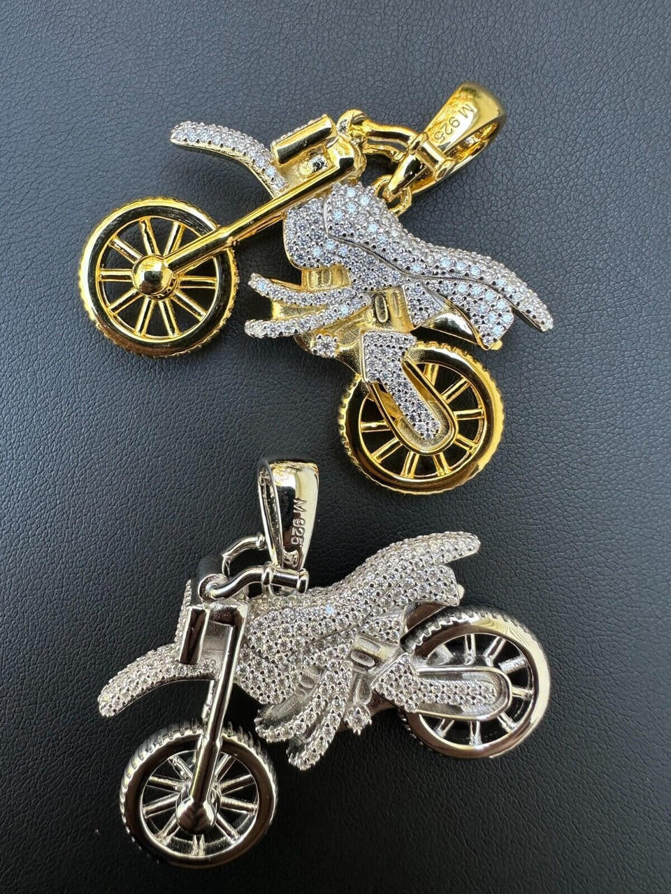 MOISSANITE Motorcycle Dirt Bike Pendant - 14k Gold Vermeil or 925 Silver - Medium 2"