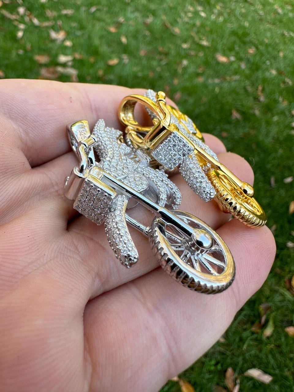 MOISSANITE Motorcycle Dirt Bike Pendant - 14k Gold Vermeil or 925 Silver - Medium 2"