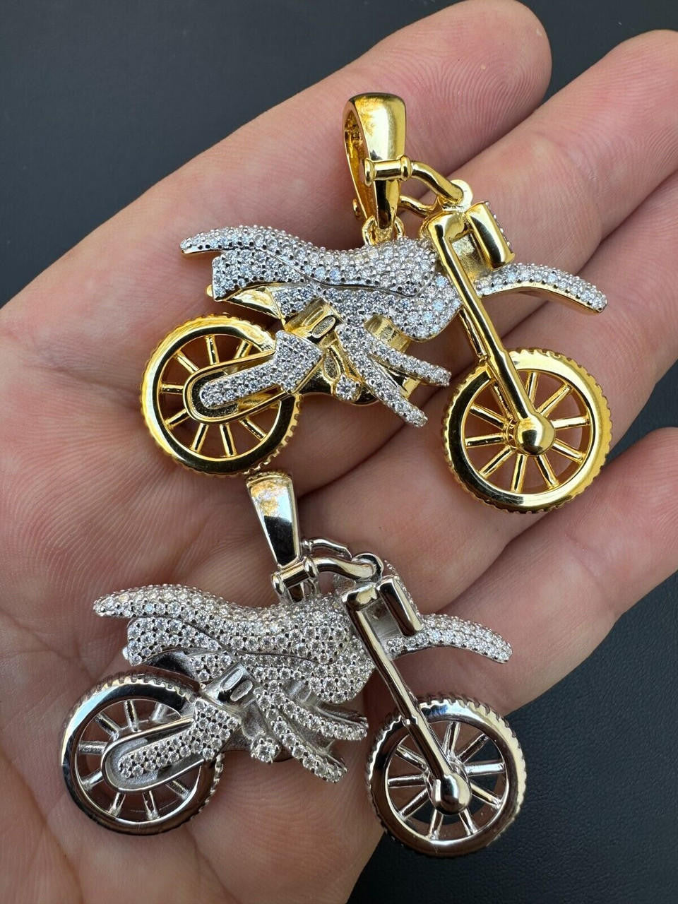 MOISSANITE Motorcycle Dirt Bike Pendant - 14k Gold Vermeil or 925 Silver - Medium 2"