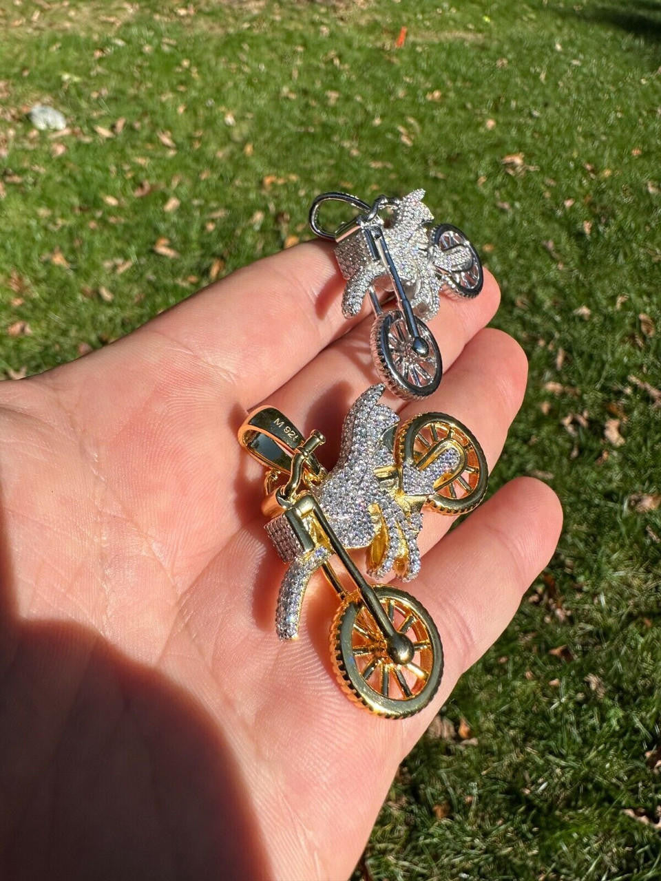 MOISSANITE Motorcycle Dirt Bike Pendant - 14k Gold Vermeil or 925 Silver - Medium 2"
