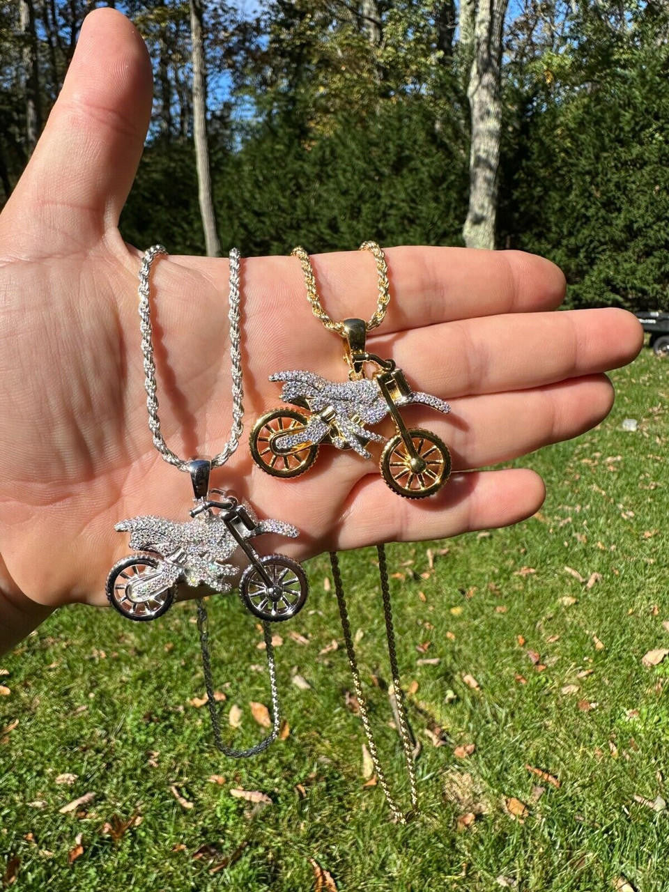 MOISSANITE Motorcycle Dirt Bike Pendant - 14k Gold Vermeil or 925 Silver - Medium 2"