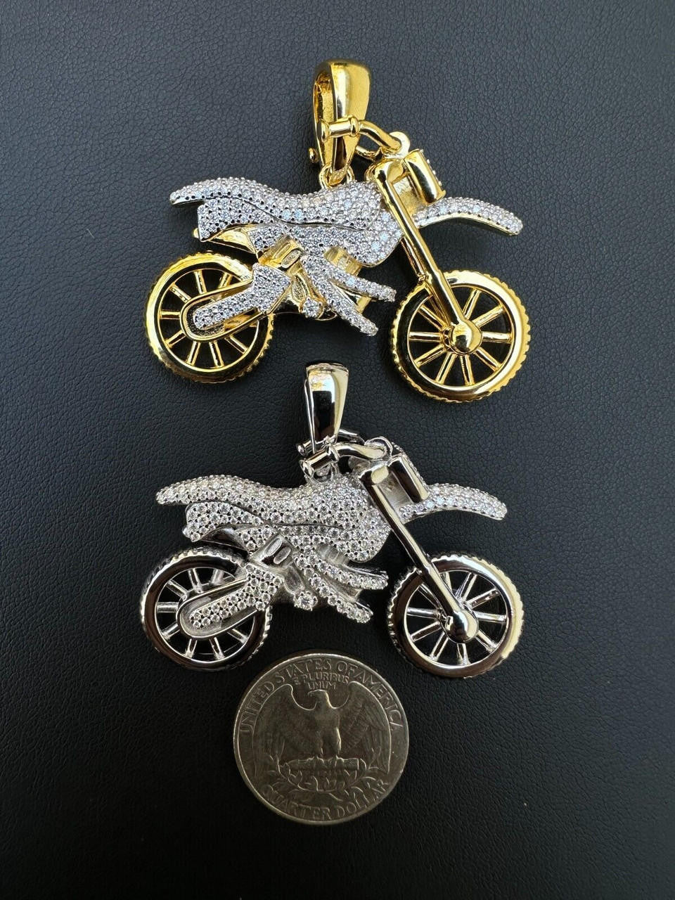 MOISSANITE Motorcycle Dirt Bike Pendant - 14k Gold Vermeil or 925 Silver - Medium 2"